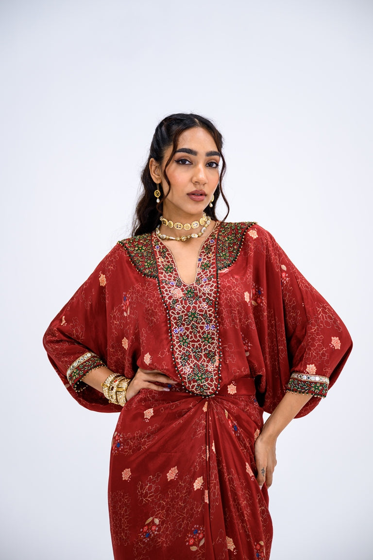 Red Mughal Overall Patch Toga With Skirt And Inner Set