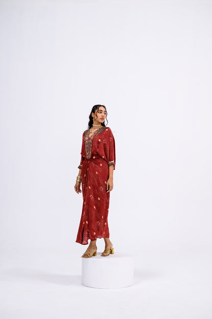 Red Mughal Overall Patch Toga With Skirt And Inner Set