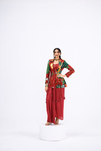 Red Mughal Highlight Blazer With Bralette And Dhoti Set