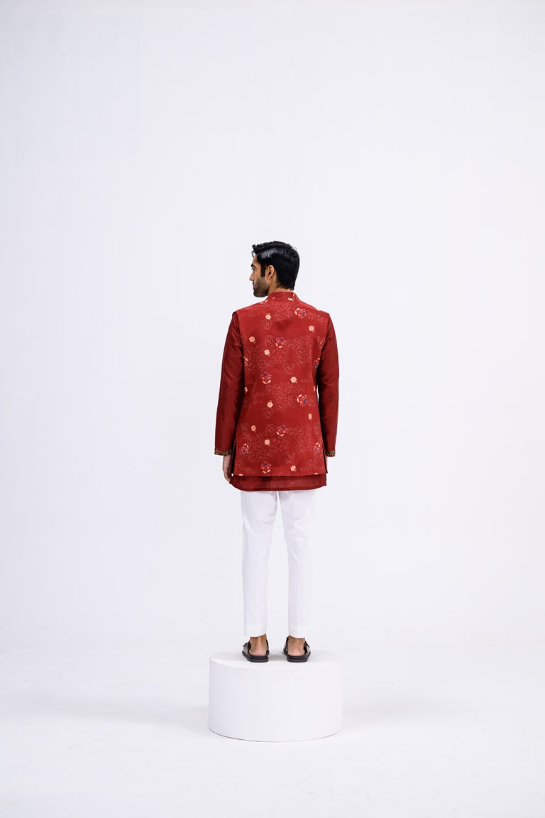 Red Mughal Overall Half Jacket With Border Paired With Kurta And Pants