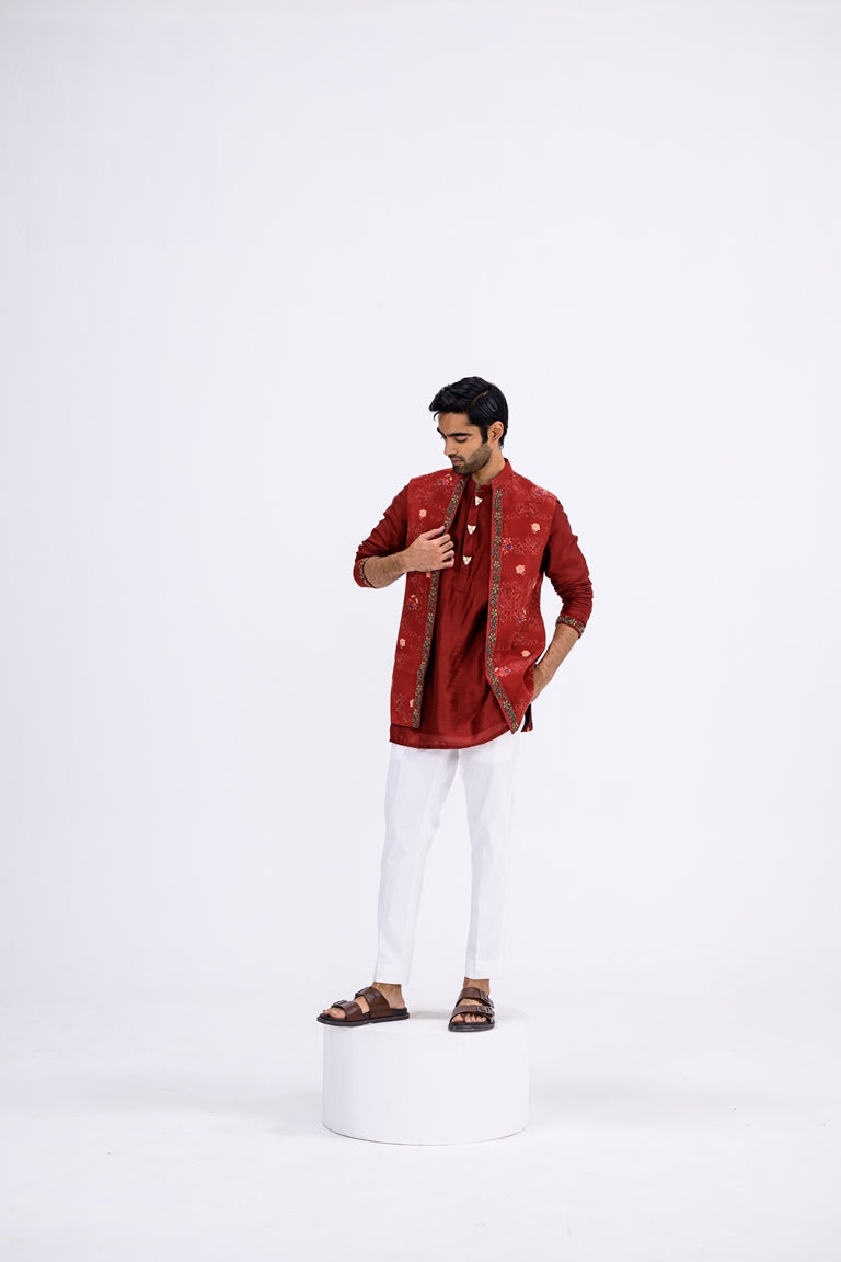 Red Mughal Overall Half Jacket With Border Paired With Kurta And Pants