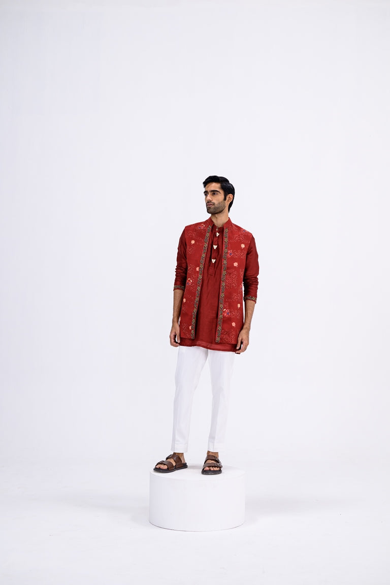 Red Mughal Overall Half Jacket With Border Paired With Kurta And Pants