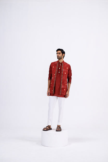 Red Mughal Overall Half Jacket With Border Paired With Kurta And Pants