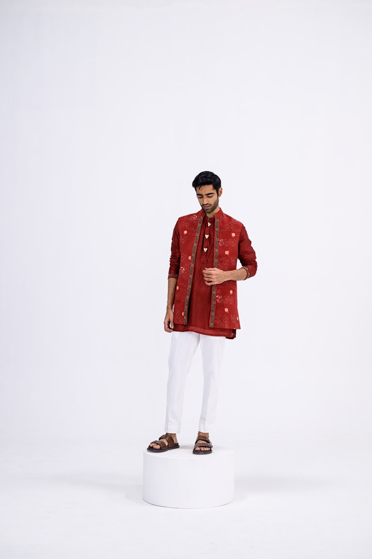 Red Mughal Overall Half Jacket With Border Paired With Kurta And Pants