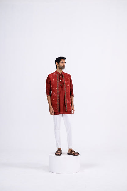 Red Mughal Overall Half Jacket With Border Paired With Kurta And Pants