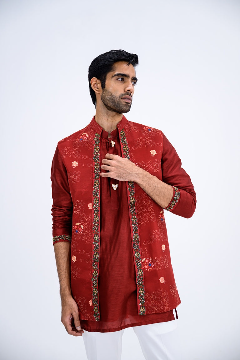 Red Mughal Overall Half Jacket With Border Paired With Kurta And Pants