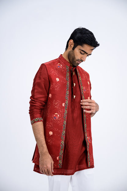 Red Mughal Overall Half Jacket With Border Paired With Kurta And Pants