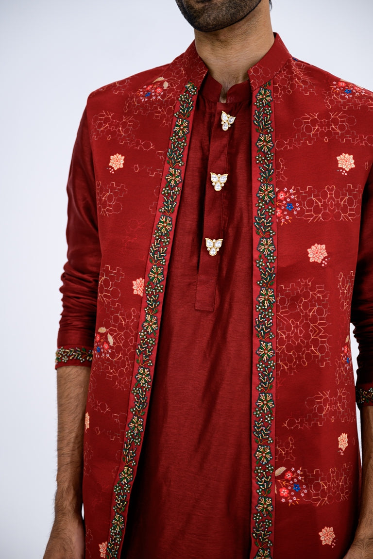 Red Mughal Overall Half Jacket With Border Paired With Kurta And Pants