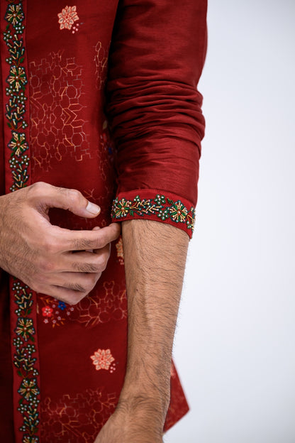 Red Mughal Overall Half Jacket With Border Paired With Kurta And Pants