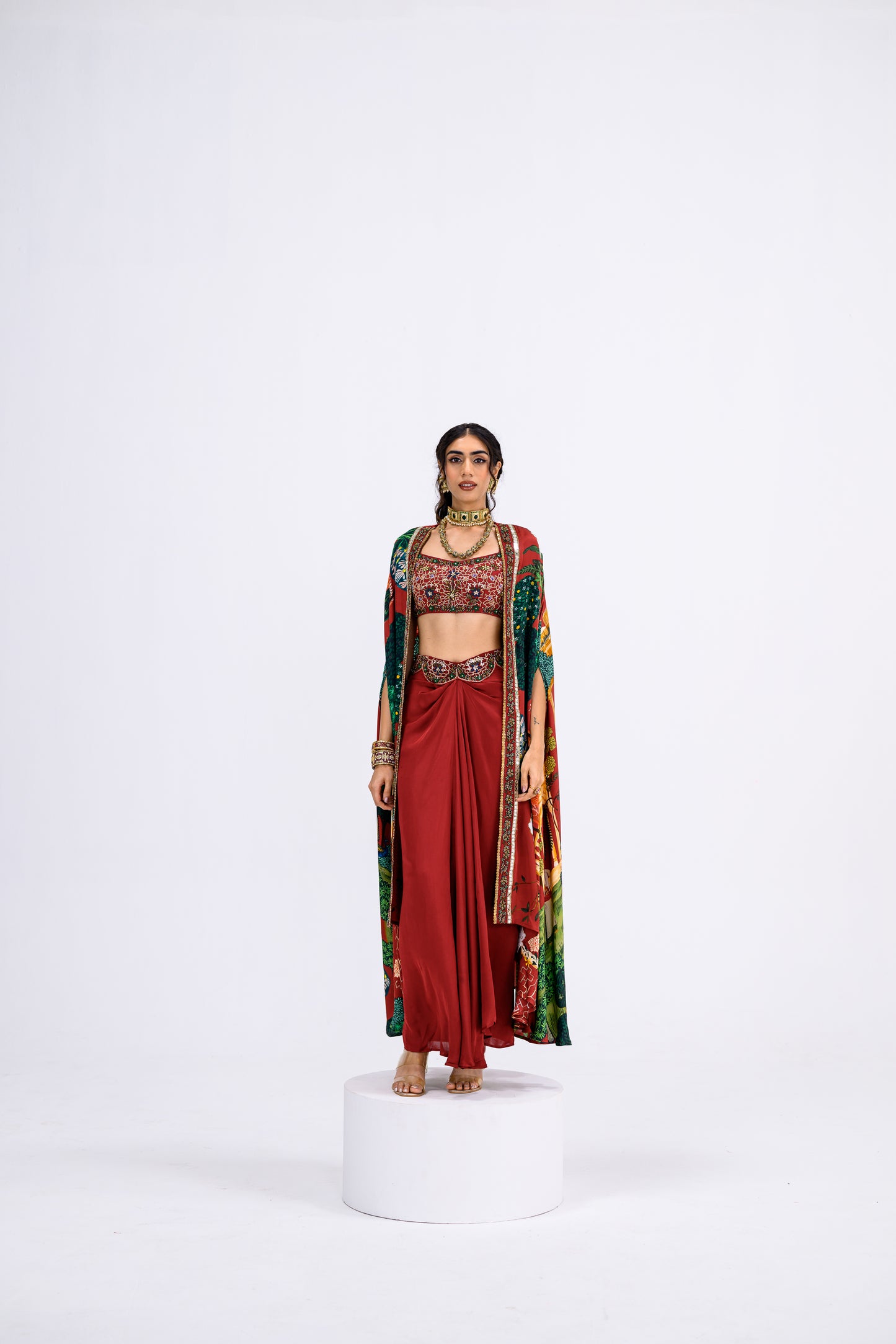 Red Mughal Cape With Embroidered Bralette And Skirt Set