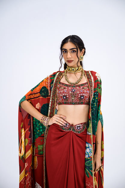 Red Mughal Cape With Embroidered Bralette And Skirt Set