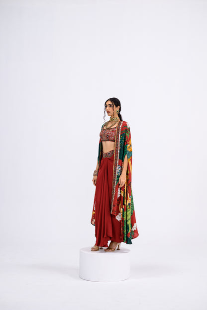 Red Mughal Cape With Embroidered Bralette And Skirt Set