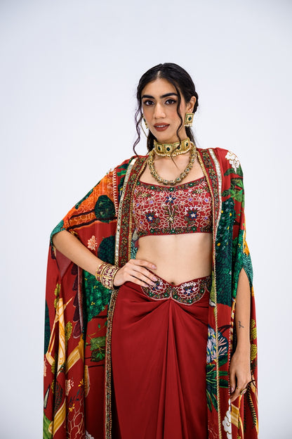 Red Mughal Cape With Embroidered Bralette And Skirt Set