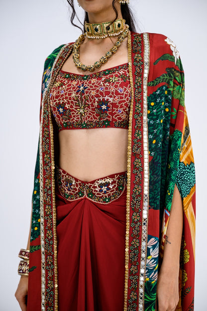 Red Mughal Cape With Embroidered Bralette And Skirt Set