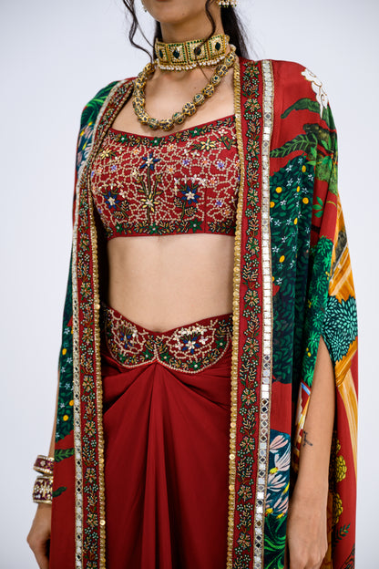 Red Mughal Cape With Embroidered Bralette And Skirt Set