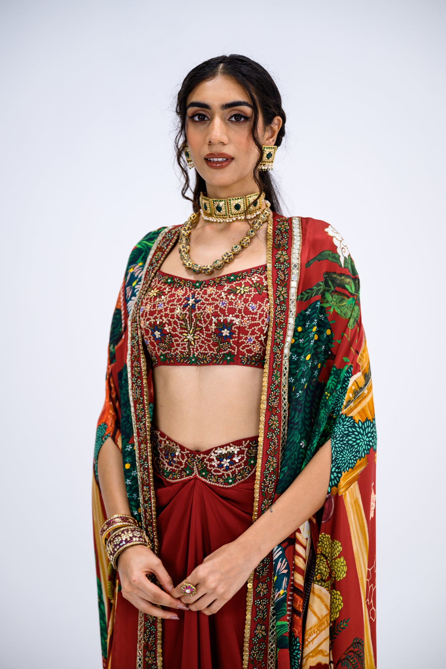 Red Mughal Cape With Embroidered Bralette And Skirt Set