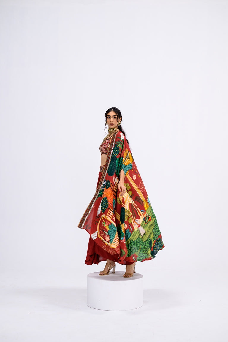 Red Mughal Cape With Embroidered Bralette And Skirt Set