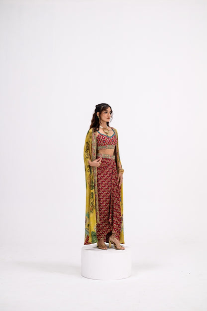 Red Honeycomb Bralette And Skirt Paired With Mustard Mughal Garden Cape