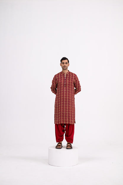 Red Honeycomb Zip Kurta / full Set With Cowl Pants