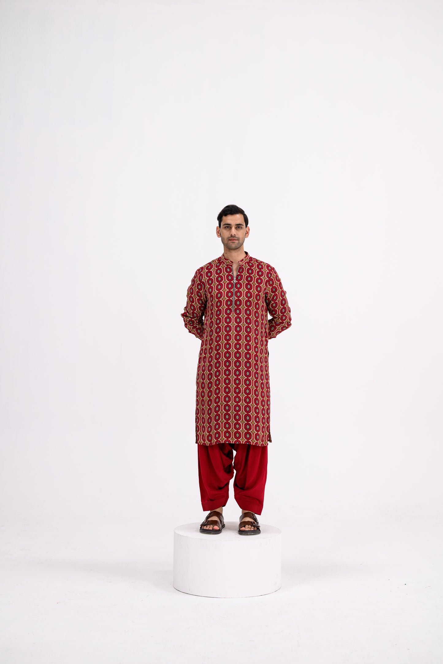 Red Honeycomb Zip Kurta / full Set With Cowl Pants