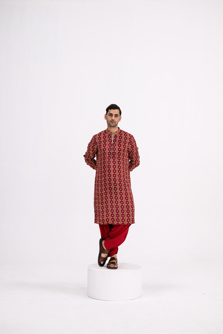 Red Honeycomb Zip Kurta / full Set With Cowl Pants