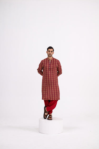 Red Honeycomb Zip Kurta / full Set With Cowl Pants