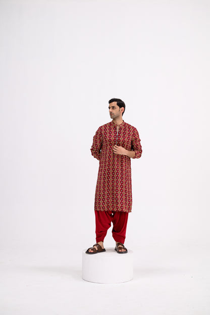 Red Honeycomb Zip Kurta / full Set With Cowl Pants