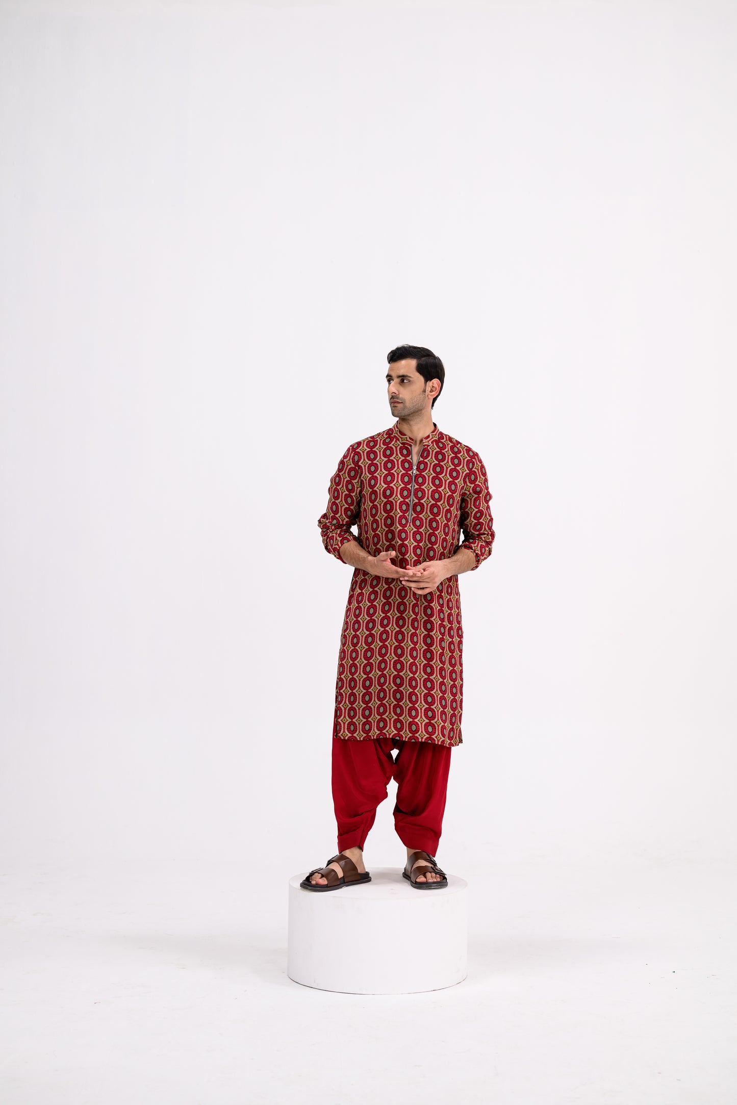 Red Honeycomb Zip Kurta / full Set With Cowl Pants