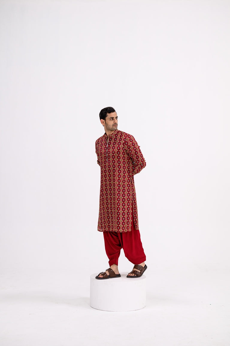 Red Honeycomb Zip Kurta / full Set With Cowl Pants