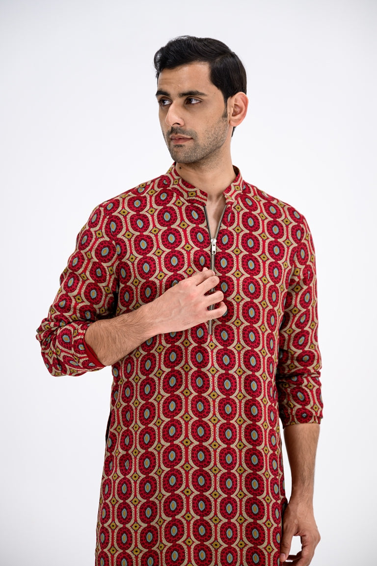 Red Honeycomb Zip Kurta / full Set With Cowl Pants