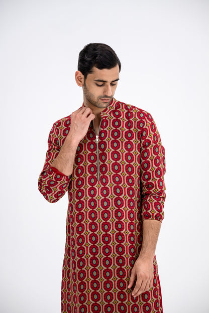 Red Honeycomb Zip Kurta / full Set With Cowl Pants