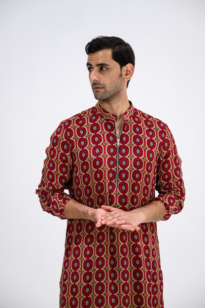 Red Honeycomb Zip Kurta / full Set With Cowl Pants