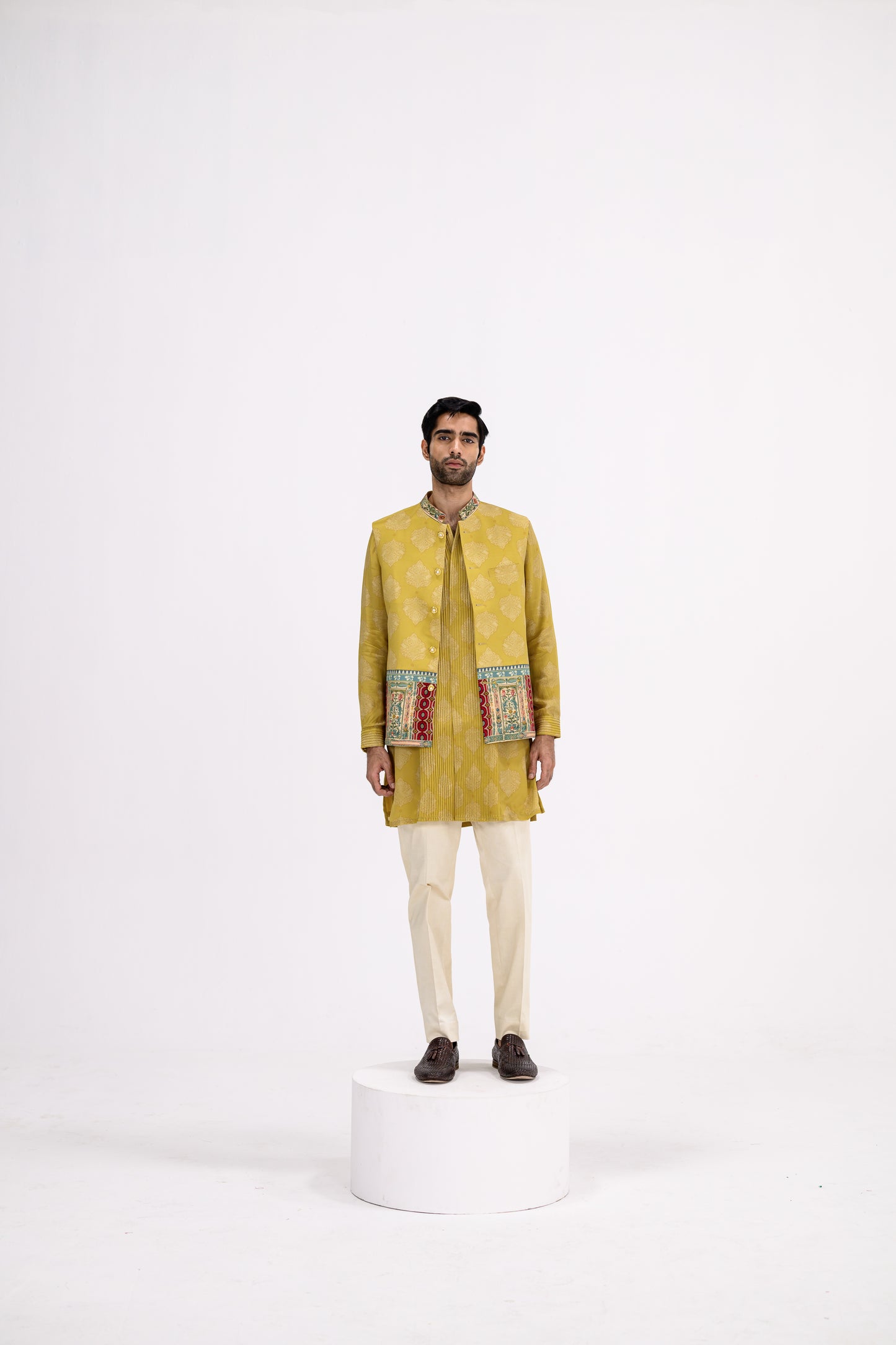 Mustard Pintuck Kurta Bundi Set/bundi