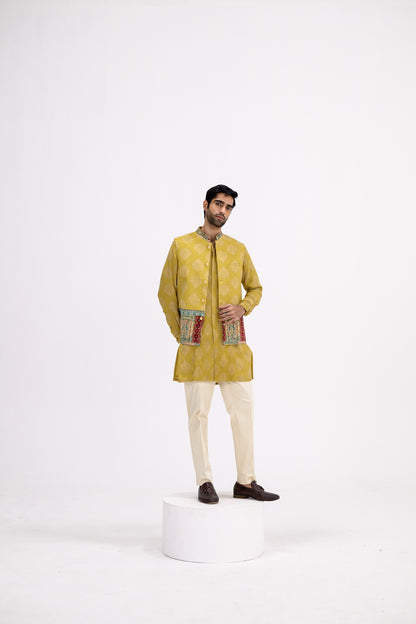 Mustard Pintuck Kurta Bundi Set/bundi