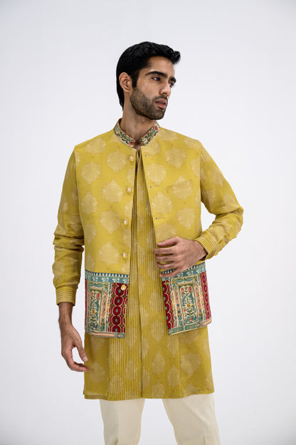 Mustard Pintuck Kurta Bundi Set/bundi