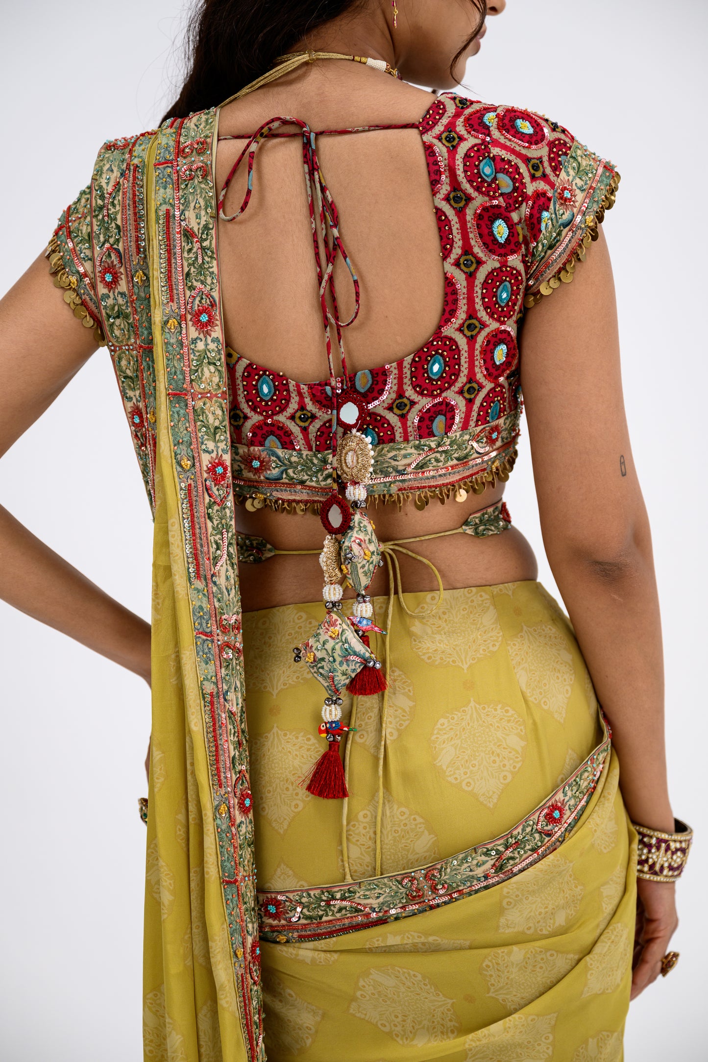 Mustard Saree Paired With Honey Comb Blouse With Belt/without Belt