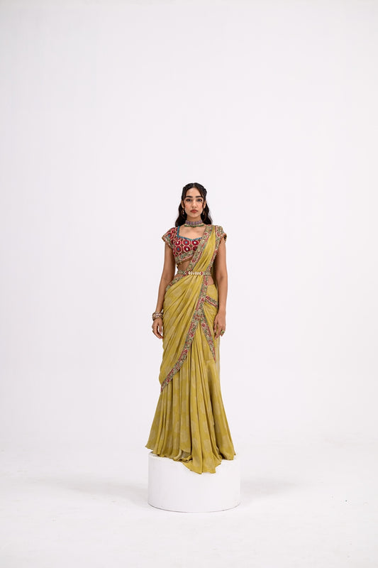 Mustard Saree Paired With Honey Comb Blouse With Belt/without Belt