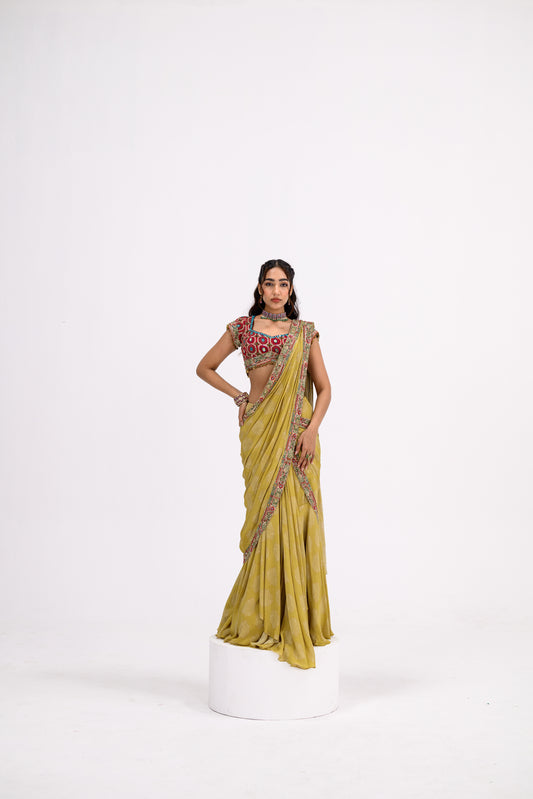 Mustard Saree Paired With Honey Comb Blouse With Belt/without Belt