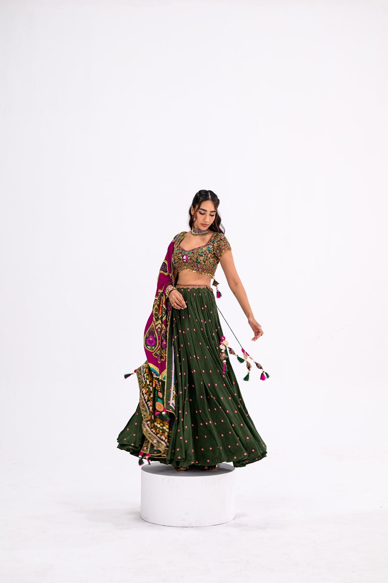 Green Lehenga Paired With Hand Embroidered Bloluse And Rani Dupatta