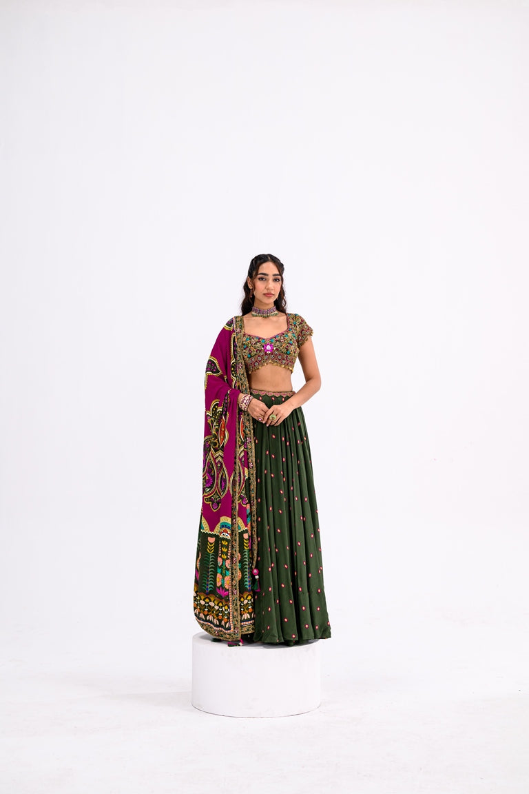 Green Lehenga Paired With Hand Embroidered Bloluse And Rani Dupatta