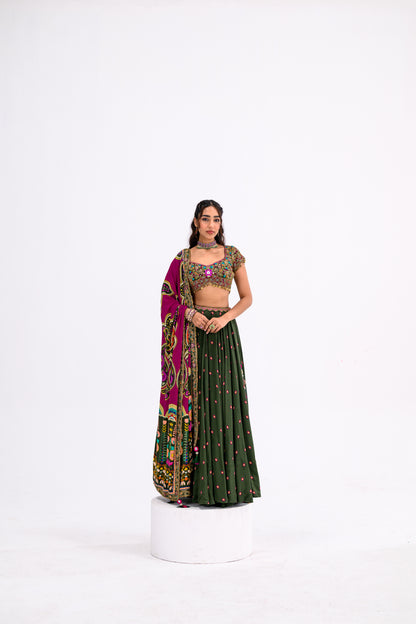 Green Lehenga Paired With Hand Embroidered Bloluse And Rani Dupatta