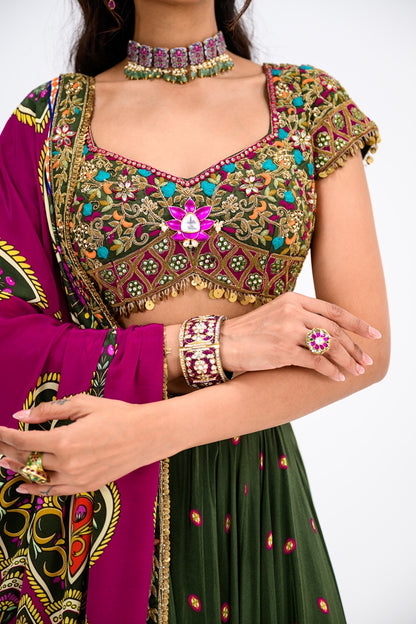 Green Lehenga Paired With Hand Embroidered Bloluse And Rani Dupatta