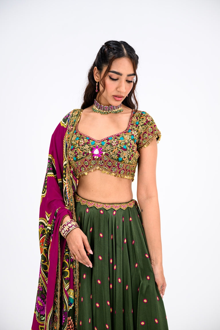 Green Lehenga Paired With Hand Embroidered Bloluse And Rani Dupatta