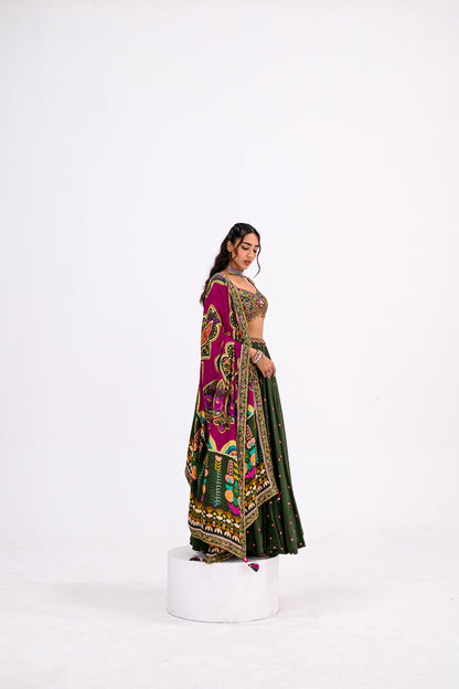 Green Lehenga Paired With Hand Embroidered Bloluse And Rani Dupatta