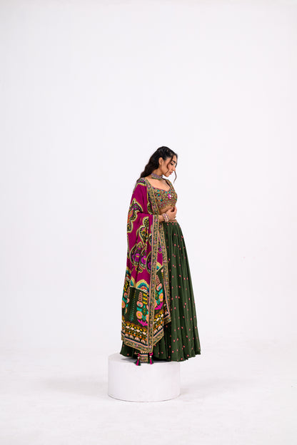 Green Lehenga Paired With Hand Embroidered Bloluse And Rani Dupatta