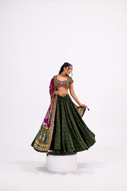 Green Lehenga Paired With Hand Embroidered Bloluse And Rani Dupatta