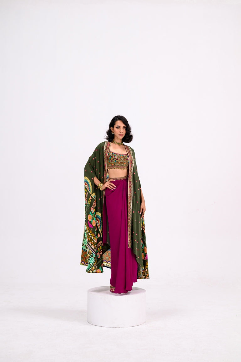 Rani Dhoti Set Paired Embroidered Barlette And Cape