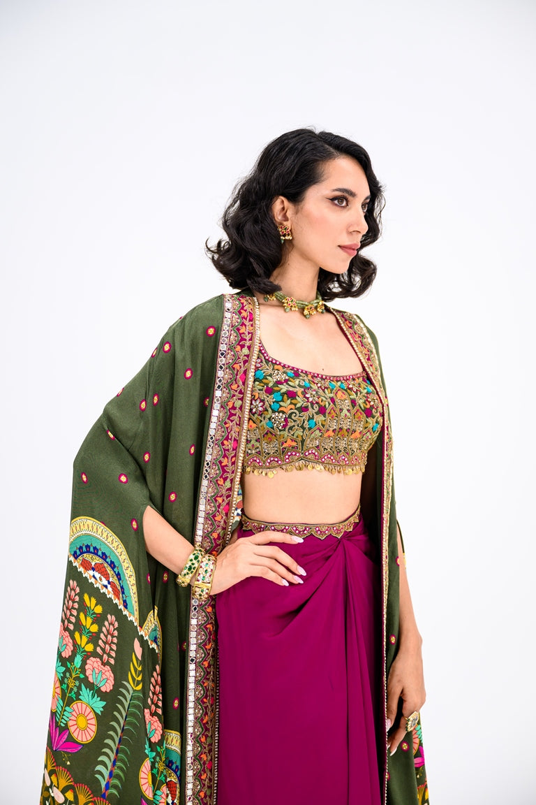 Rani Dhoti Set Paired Embroidered Barlette And Cape