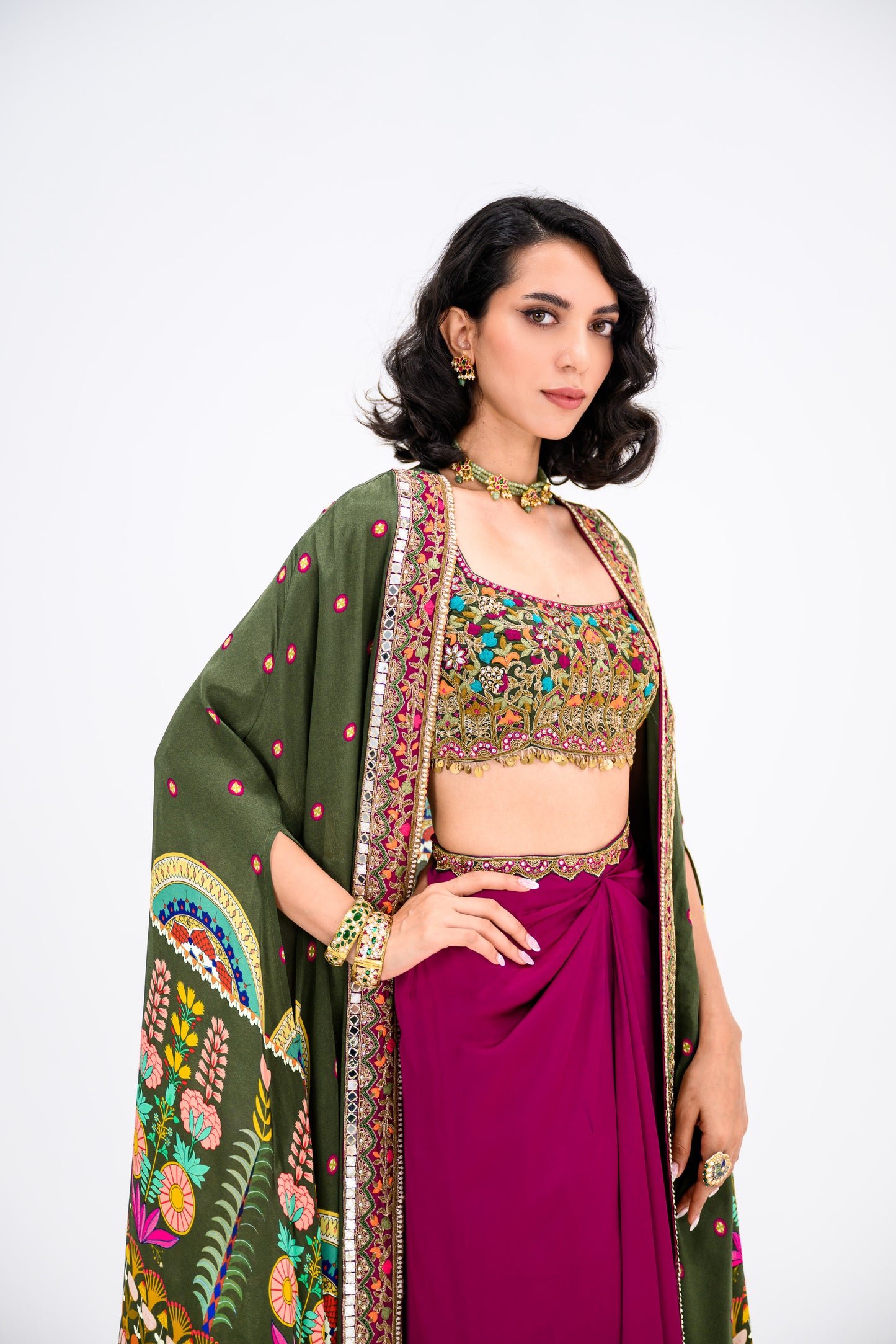 Rani Dhoti Set Paired Embroidered Barlette And Cape