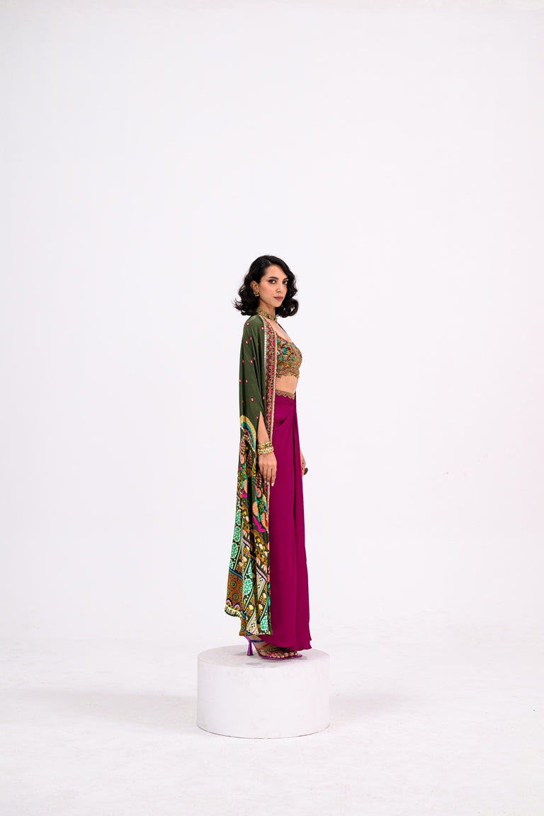 Rani Dhoti Set Paired Embroidered Barlette And Cape